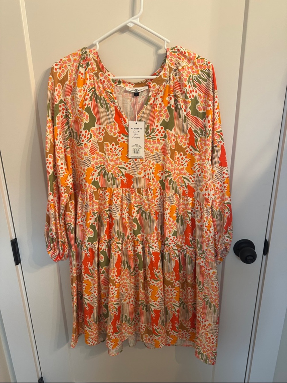 Women's Long Sleeve Floral Tiered Dress in Orange and Green